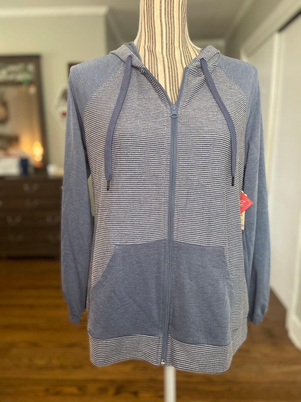 St John’s Bay Active blue and white stripe zip front hoodie jacket.